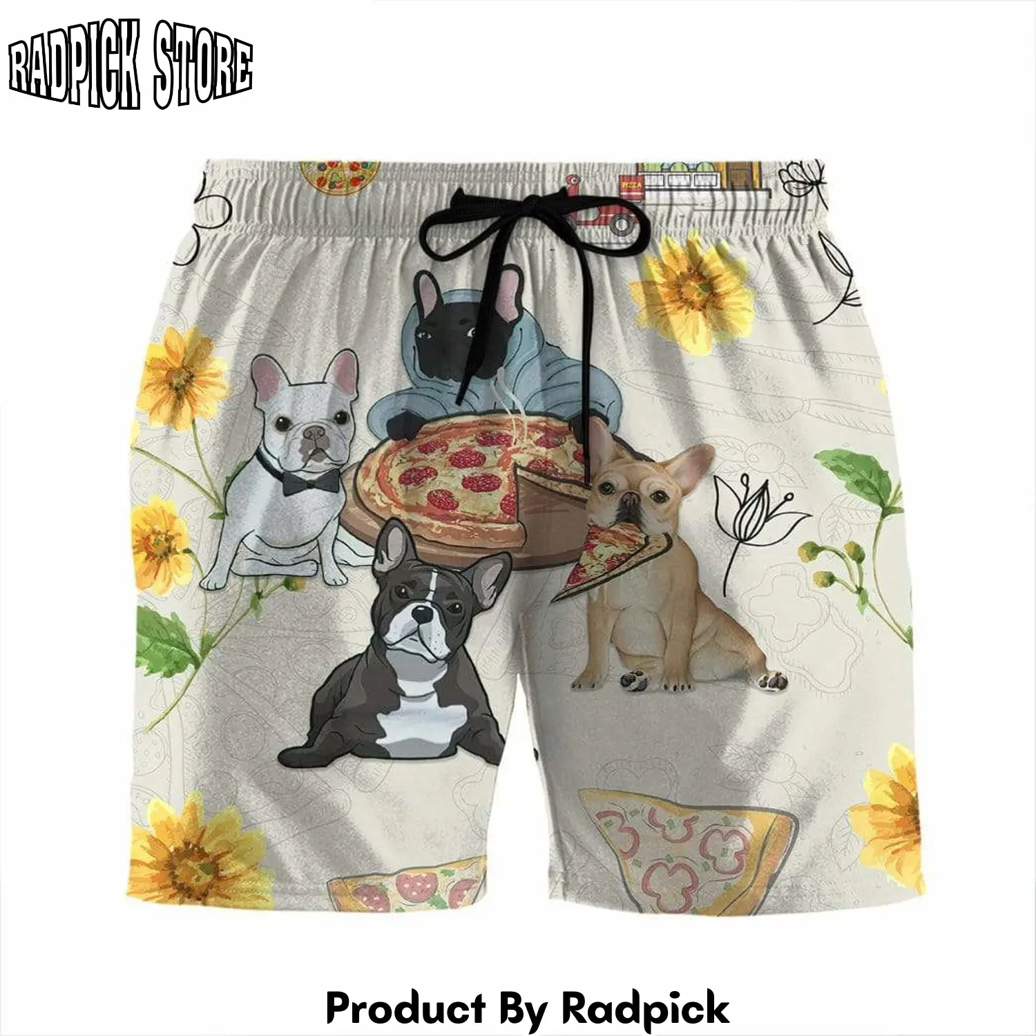 Radpick 3d french bulldog are intrigued by pizza summer beach shorts swim trunks rp631518
